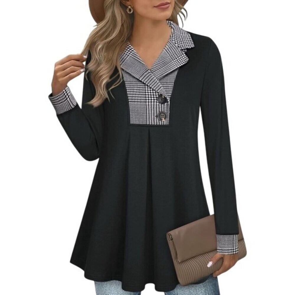 Gaharu Women Black Houndstooth Plaid Long Sleeve Tunic Top XL Button Detail NWT